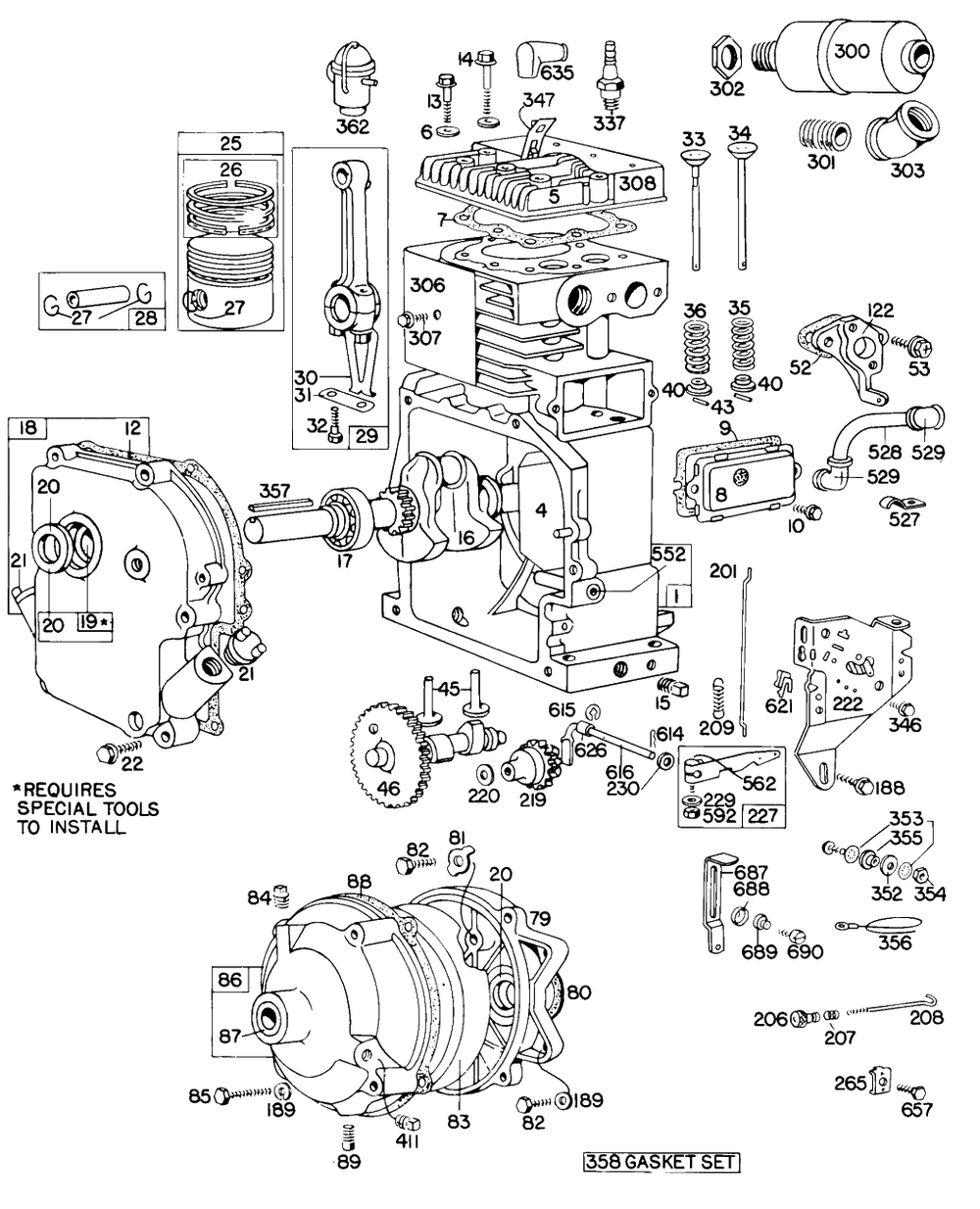 Cyl, Piston, Muffler, Crnkcse Diagram and Parts List for 144201-0144-XX  Briggs and Stratton Engine